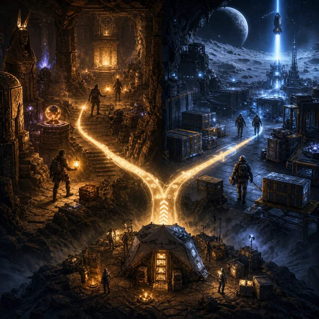 Editorial concept showing two different extraction routes branching from one shared co-op camp