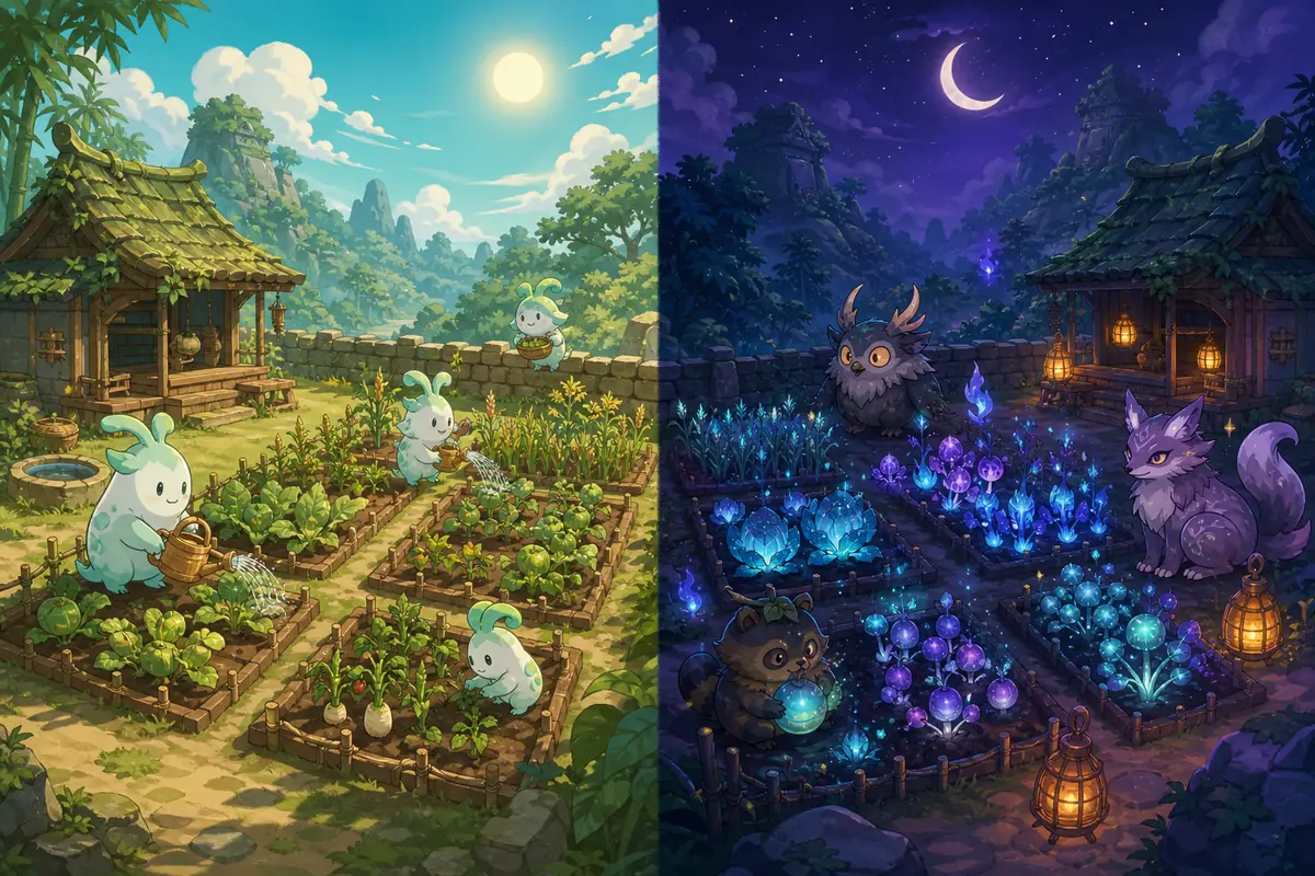Comparação não oficial de dia e noite na Monster Farm de Tomb Busters