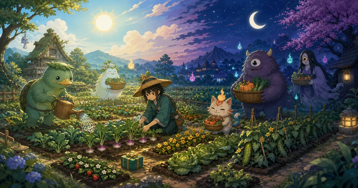 Ilustração não oficial da Monster Farm de Tomb Busters durante o dia e a noite