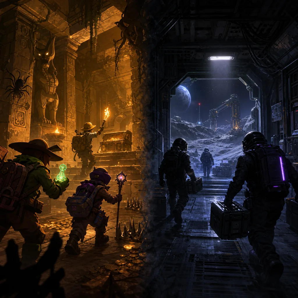 Editorial concept illustration contrasting a supernatural tomb expedition with an industrial moon salvage crew